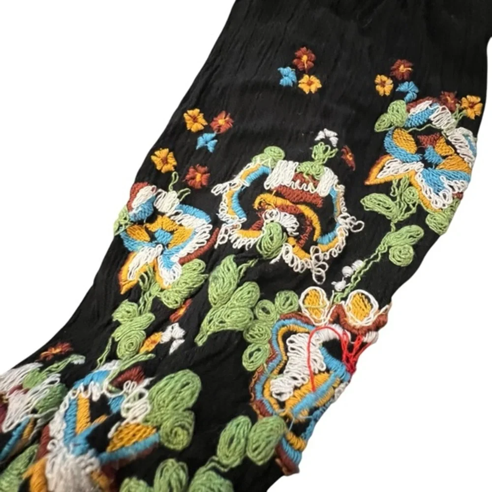 FREE PEOPLE Black Oxford Embroidered Dress Size Small BOHO Long‎ Sleeve Floral